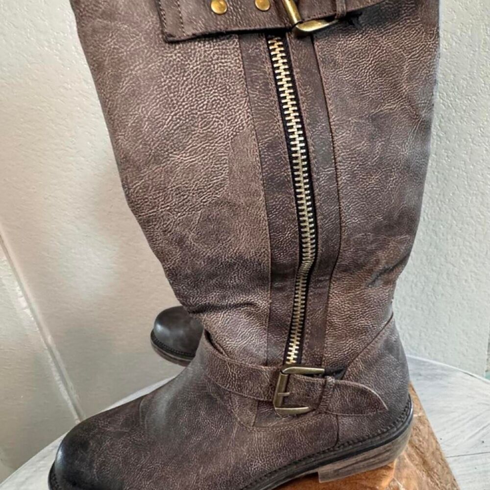 Women's Brown Knee High Boots Buckle Riding Boho Festival‎ Block Heel Zip